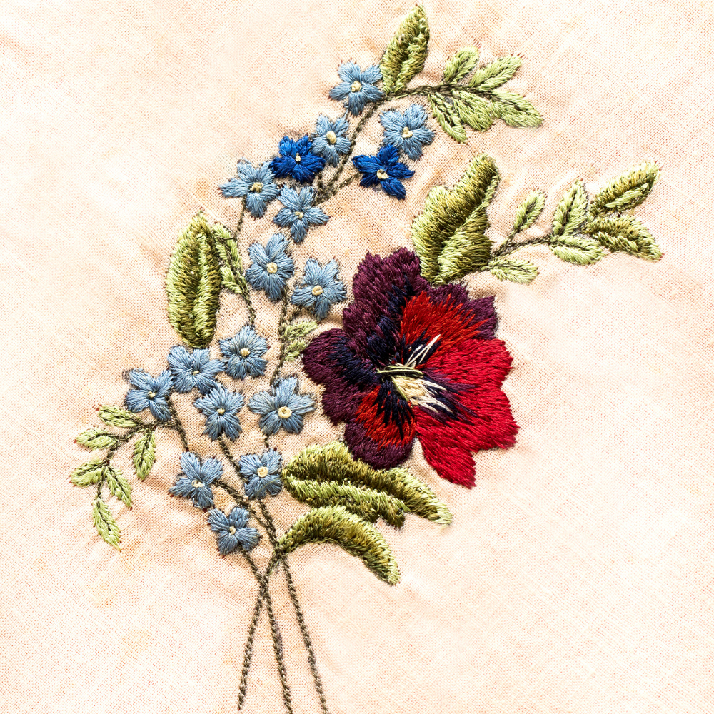embroidered red and blue flowers