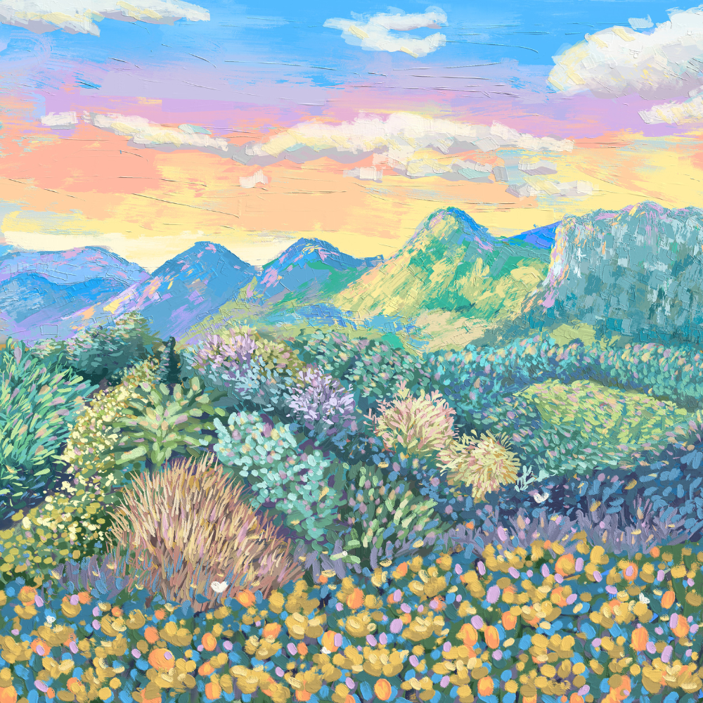 oil painting of mountains and flowers